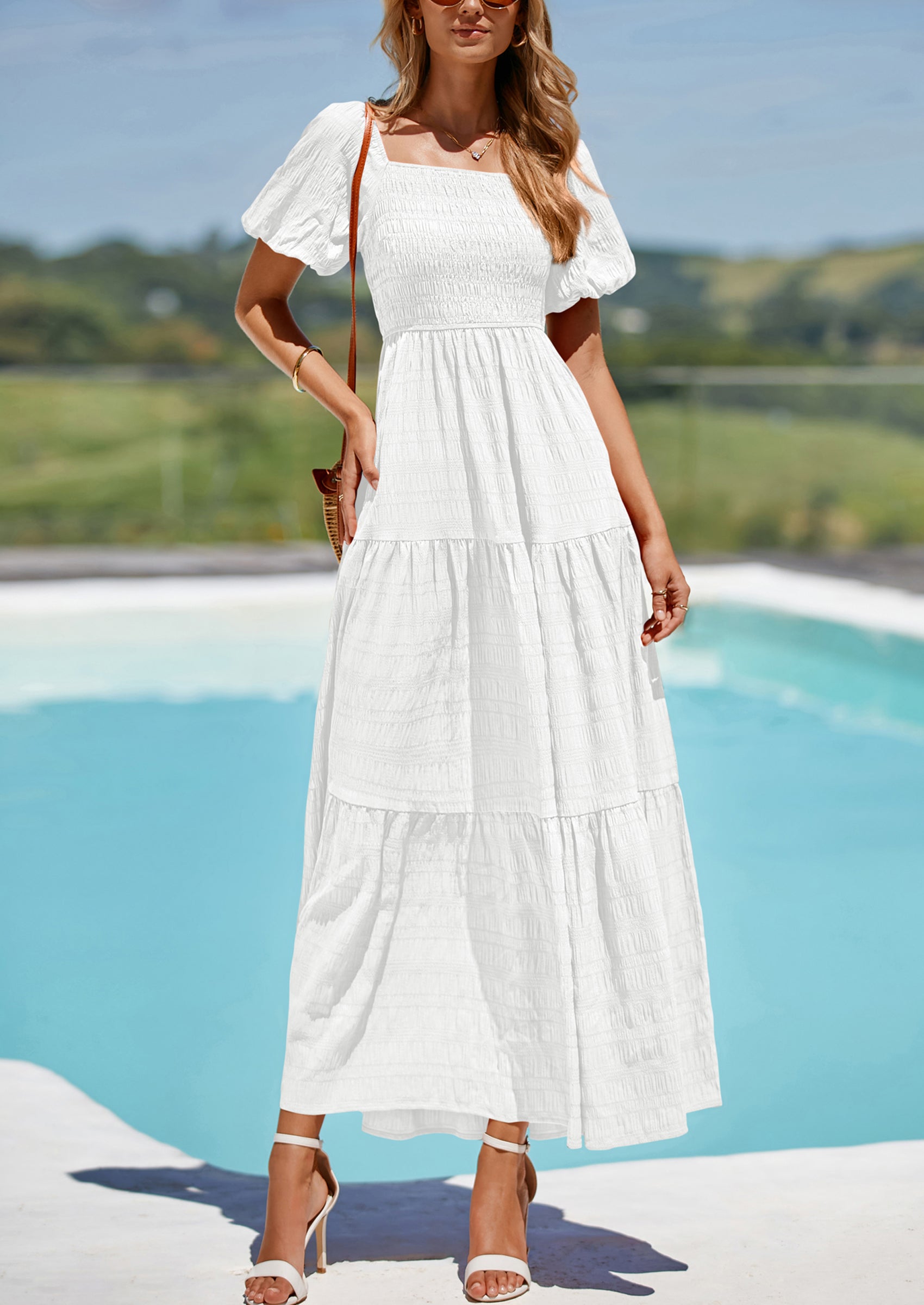 PRETTYGARDEN Womens Summer Puff Short Sleeve Maxi Dress Square Neck Smocked Tiered Ruffle A Line Long Flowy Beach Dresses