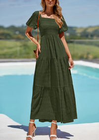 PRETTYGARDEN Womens Summer Puff Short Sleeve Maxi Dress Square Neck Smocked Tiered Ruffle A Line Long Flowy Beach Dresses