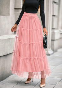 PRETTYGARDEN Maxi Skirts for Women Fall Tulle High Waisted Ruffle Flowy A-Line Long Skirt Country Concert Outfits