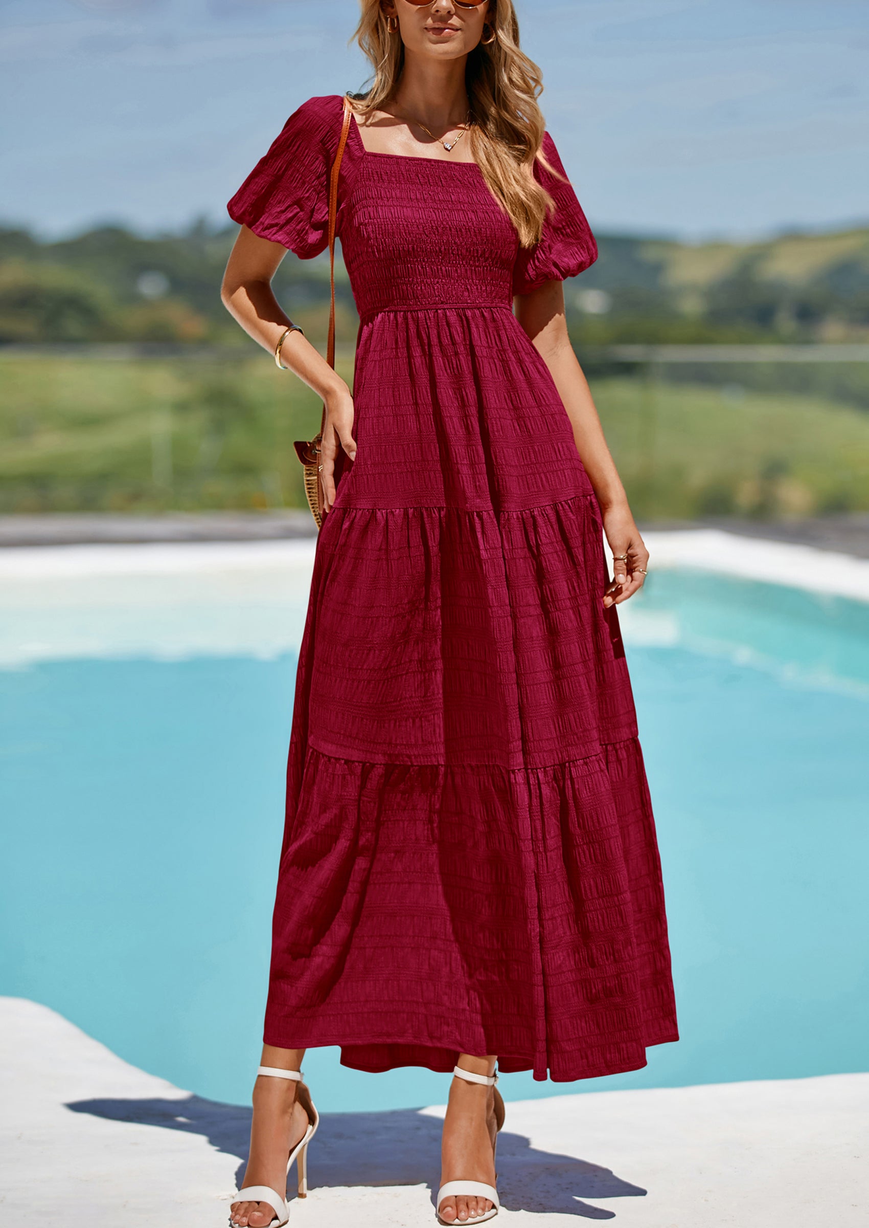 PRETTYGARDEN Womens Summer Puff Short Sleeve Maxi Dress Square Neck Smocked Tiered Ruffle A Line Long Flowy Beach Dresses