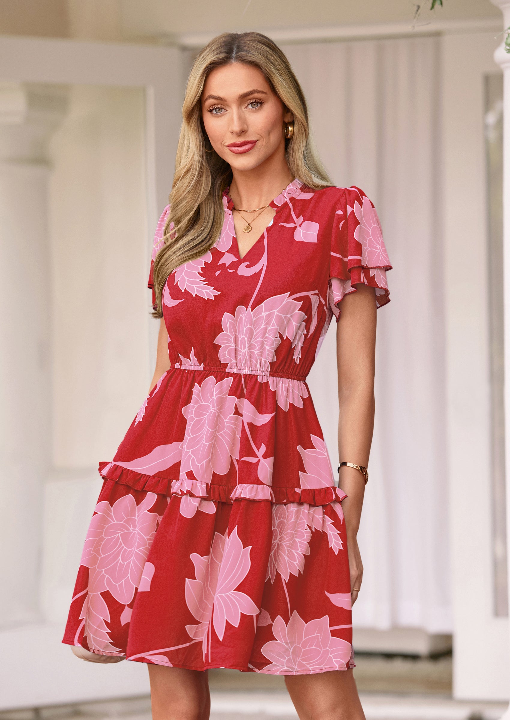 PRETTYGARDEN Womens Summer Floral Mini Dress Trendy Ruffle Short Sleeve V Neck Flowy A Line Short Beach Dresses
