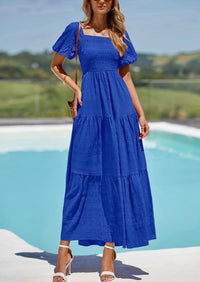 PRETTYGARDEN Womens Summer Puff Short Sleeve Maxi Dress Square Neck Smocked Tiered Ruffle A Line Long Flowy Beach Dresses