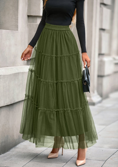 PRETTYGARDEN Maxi Skirts for Women Fall Tulle High Waisted Ruffle Flowy A-Line Long Skirt Country Concert Outfits
