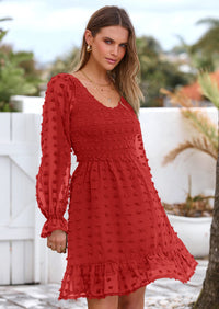 BTFBM Spring Dresses for Women 2026 Long Sleeve Casual V Neck Swiss Dot Smocked Ruffle Chiffon Flowy Mini Summer Dress PRETTYGARDEN