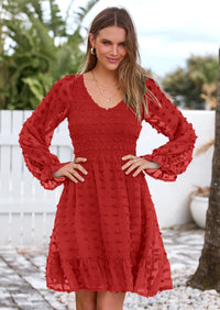 BTFBM Spring Dresses for Women 2026 Long Sleeve Casual V Neck Swiss Dot Smocked Ruffle Chiffon Flowy Mini Summer Dress PRETTYGARDEN