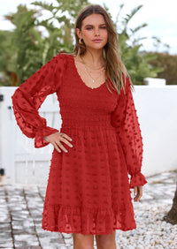 BTFBM Spring Dresses for Women 2026 Long Sleeve Casual V Neck Swiss Dot Smocked Ruffle Chiffon Flowy Mini Summer Dress PRETTYGARDEN