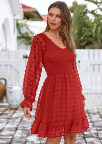 BTFBM Spring Dresses for Women 2026 Long Sleeve Casual V Neck Swiss Dot Smocked Ruffle Chiffon Flowy Mini Summer Dress PRETTYGARDEN