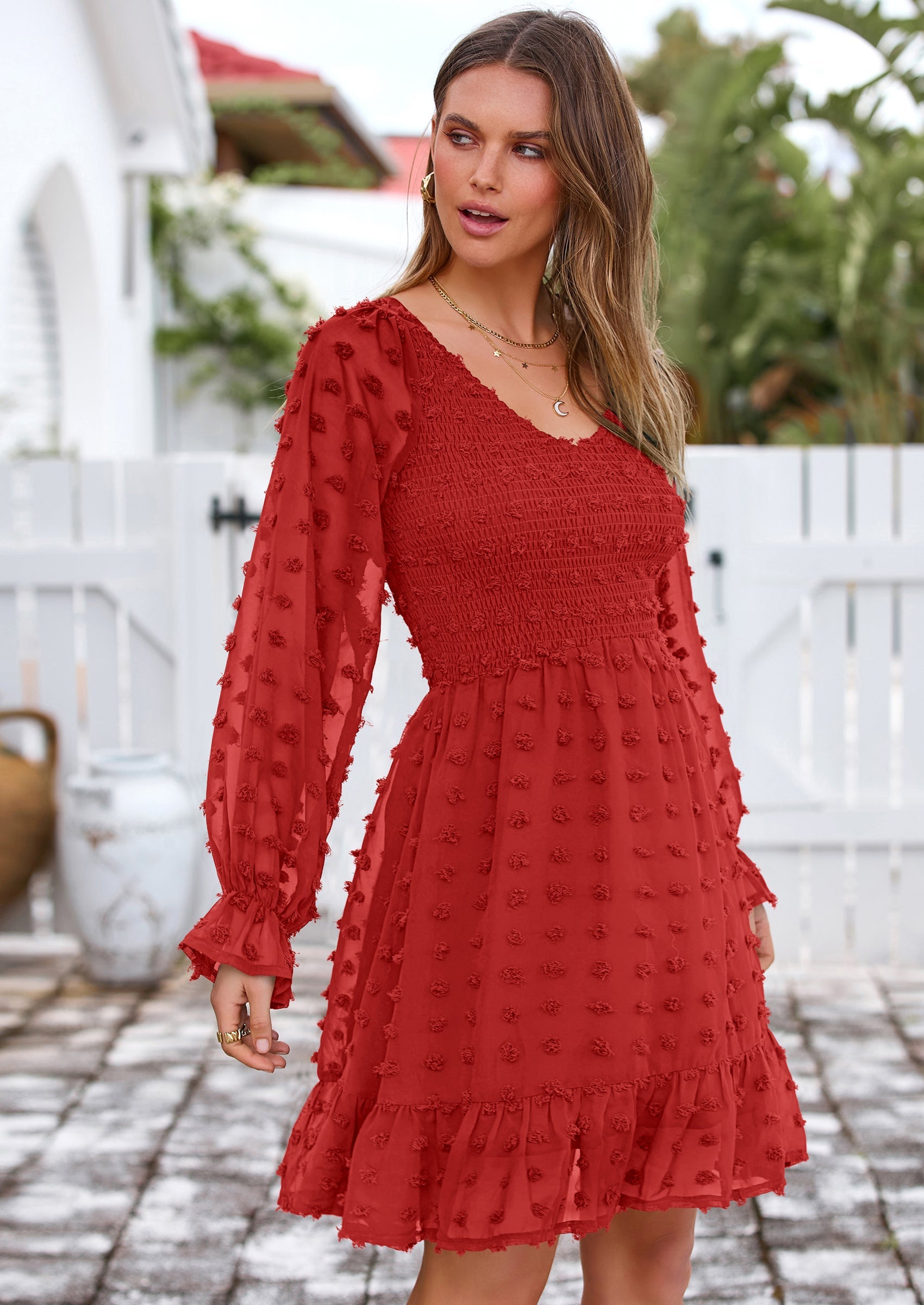 BTFBM Spring Dresses for Women 2026 Long Sleeve Casual V Neck Swiss Dot Smocked Ruffle Chiffon Flowy Mini Summer Dress PRETTYGARDEN