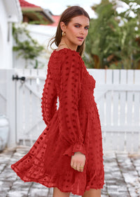 BTFBM Spring Dresses for Women 2026 Long Sleeve Casual V Neck Swiss Dot Smocked Ruffle Chiffon Flowy Mini Summer Dress PRETTYGARDEN