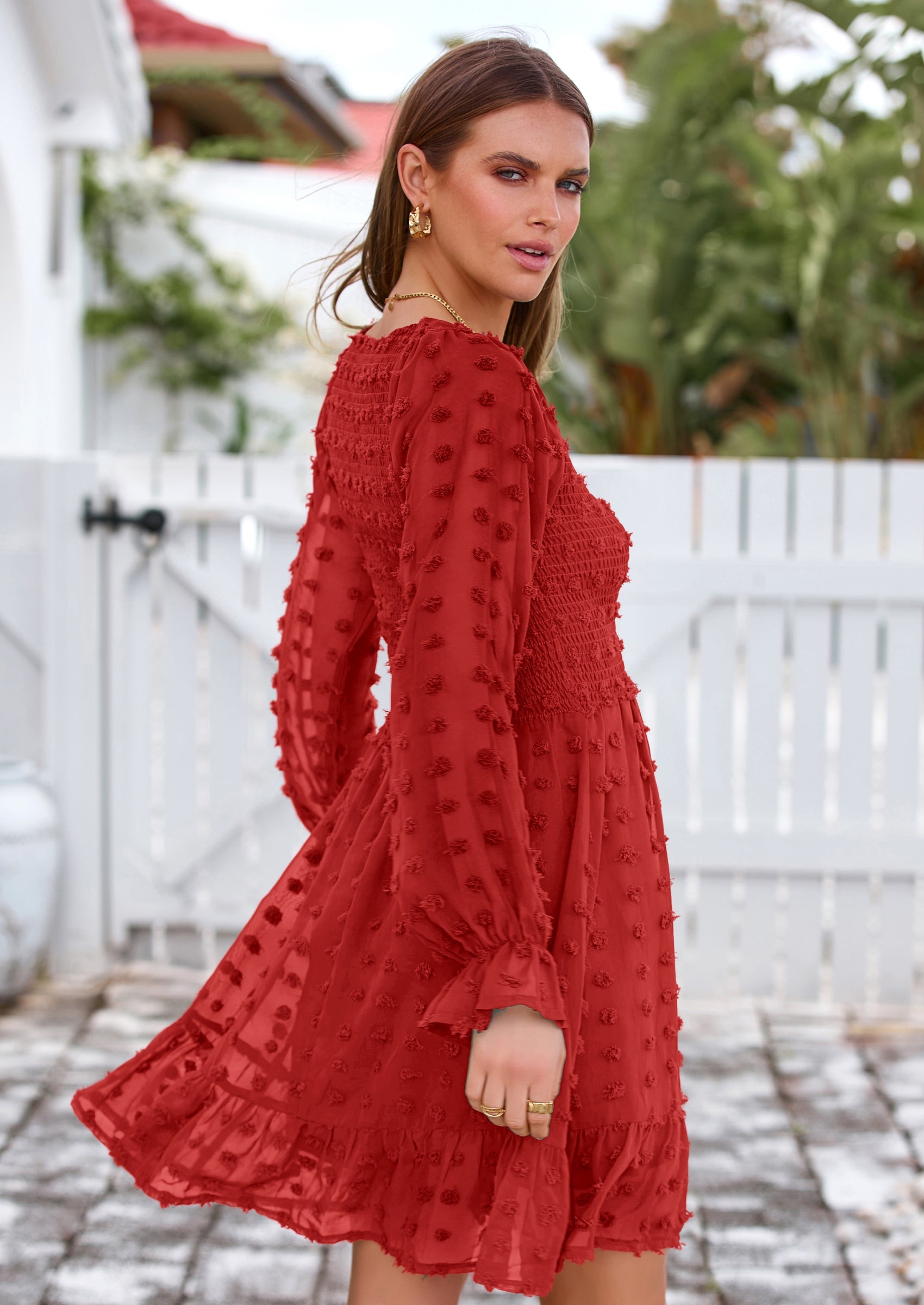 BTFBM Spring Dresses for Women 2026 Long Sleeve Casual V Neck Swiss Dot Smocked Ruffle Chiffon Flowy Mini Summer Dress PRETTYGARDEN