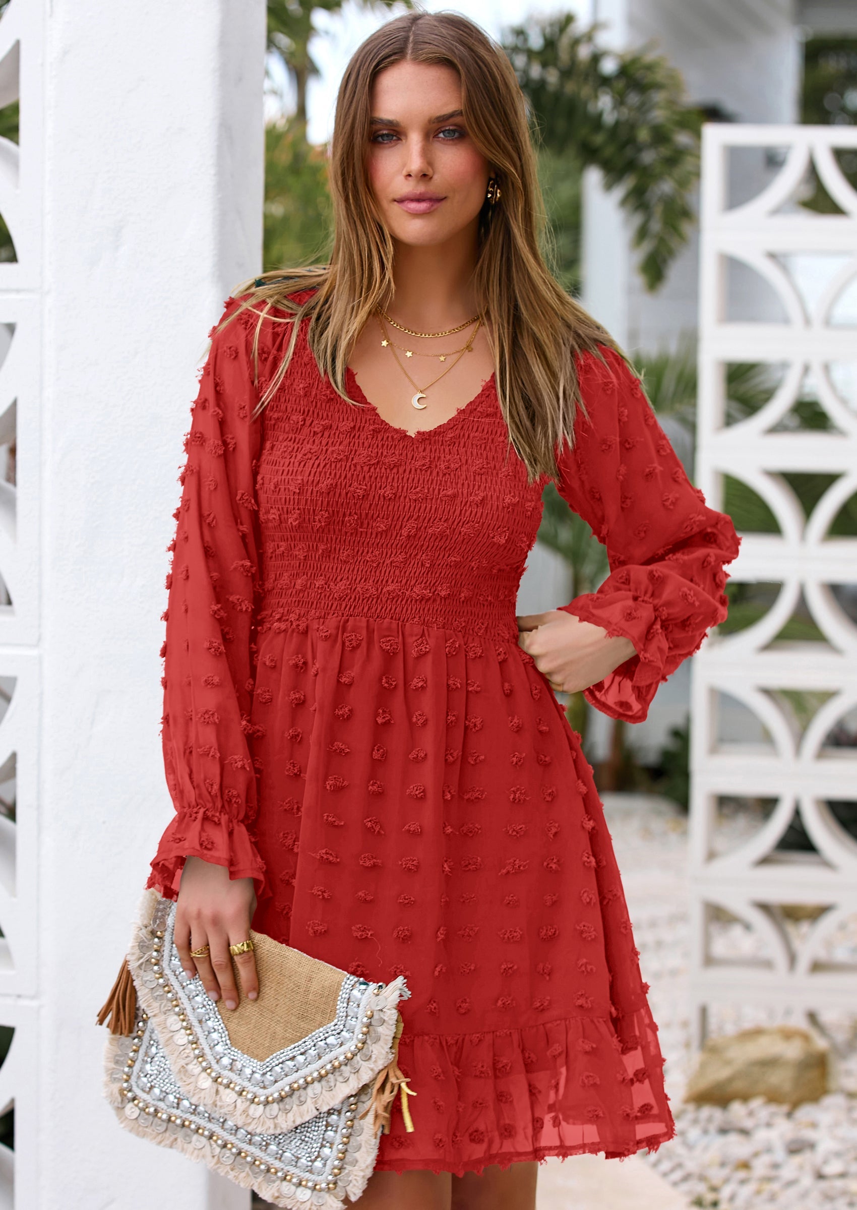BTFBM Spring Dresses for Women 2026 Long Sleeve Casual V Neck Swiss Dot Smocked Ruffle Chiffon Flowy Mini Summer Dress PRETTYGARDEN
