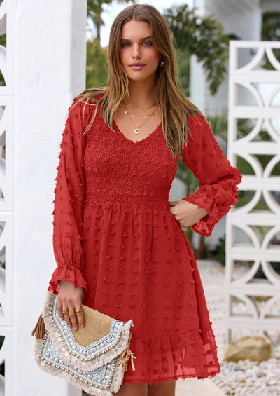 BTFBM Spring Dresses for Women 2026 Long Sleeve Casual V Neck Swiss Dot Smocked Ruffle Chiffon Flowy Mini Summer Dress PRETTYGARDEN