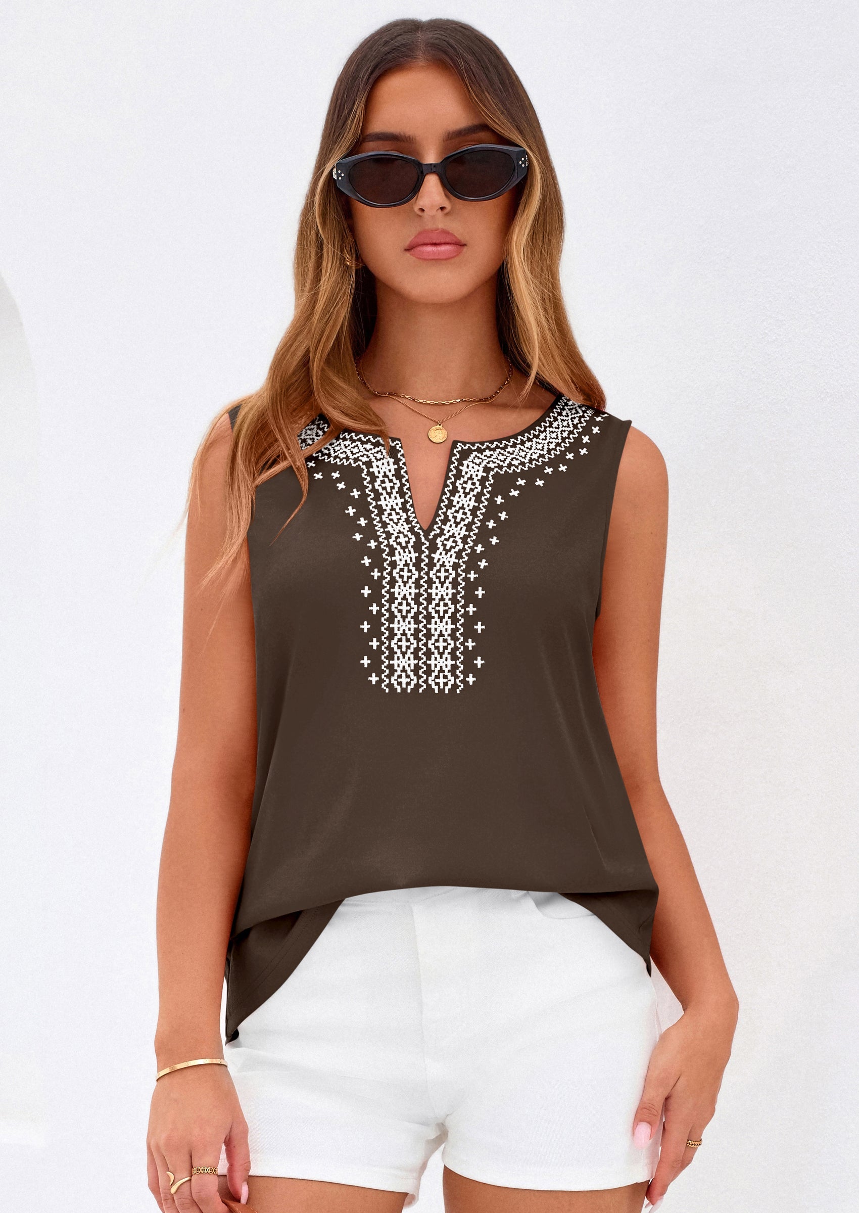 PRETTYGARDEN Womens Tank Tops Summer Causal V Neck Sleeveless Shirts Floral Print Embroidered Beach Vacation Boho Top PRETTYGARDEN
