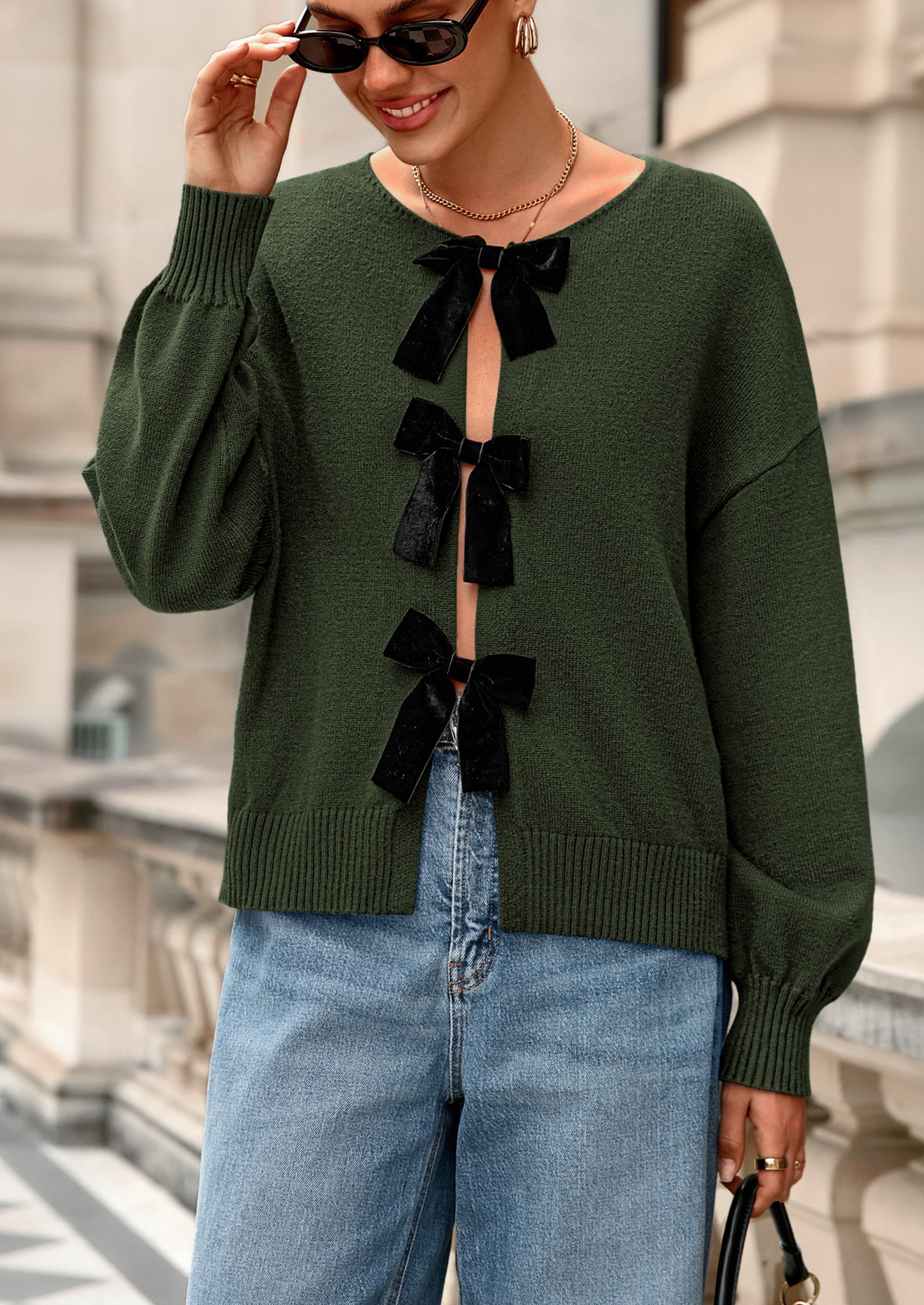 PRETTYGARDEN Cardigan Sweaters for Women Fall Bow Tie Front Long Sleeve Knit Sweater Tops Cute Going Out Outfits