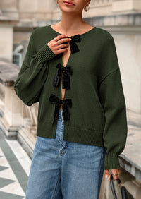 PRETTYGARDEN Cardigan Sweaters for Women Fall Bow Tie Front Long Sleeve Knit Sweater Tops Cute Going Out Outfits