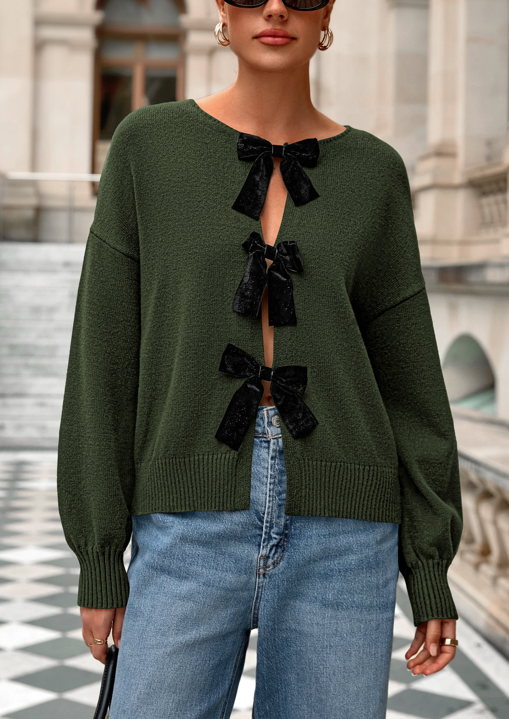 PRETTYGARDEN Cardigan Sweaters for Women Fall Bow Tie Front Long Sleeve Knit Sweater Tops Cute Going Out Outfits