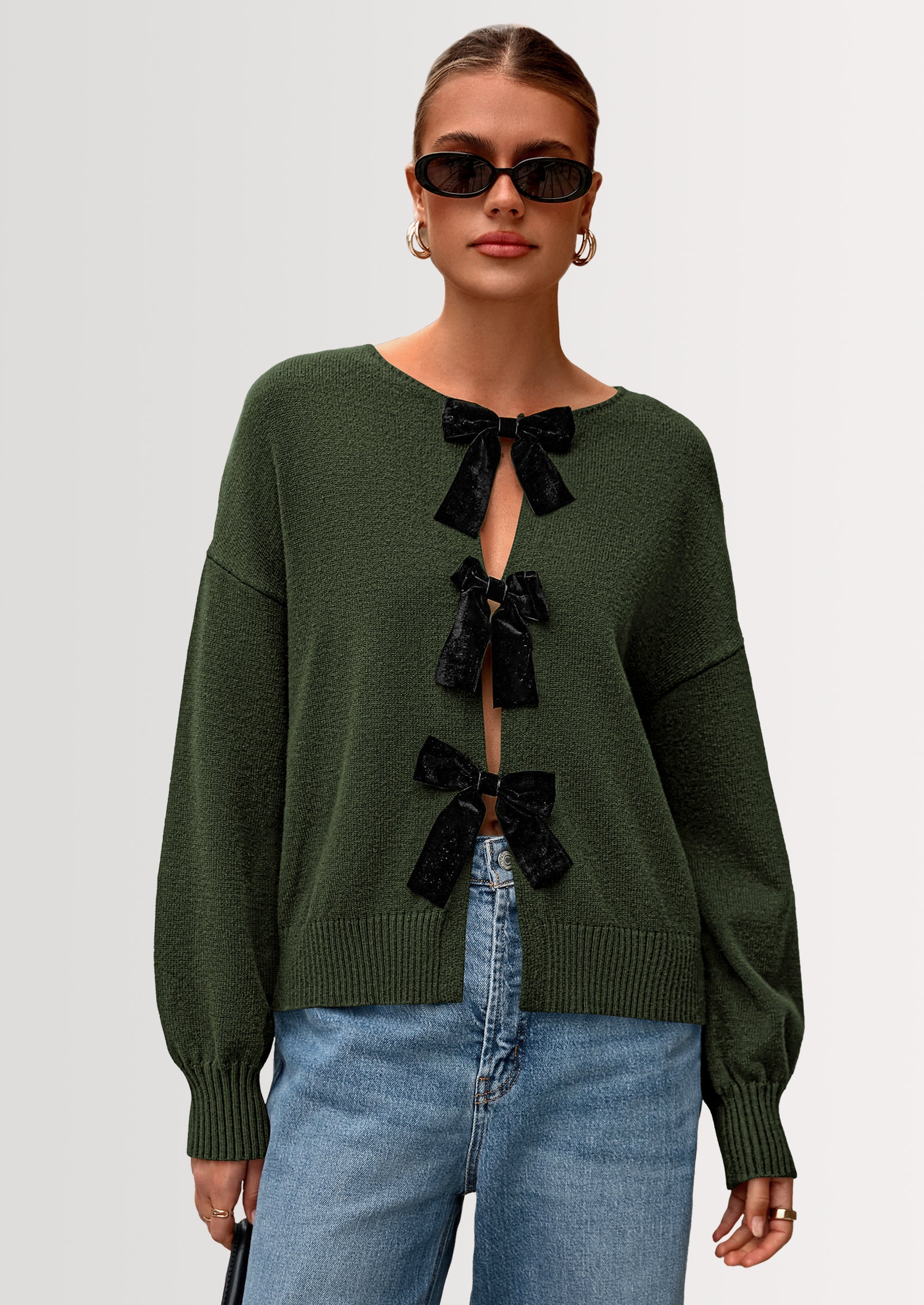 PRETTYGARDEN Cardigan Sweaters for Women Fall Bow Tie Front Long Sleeve Knit Sweater Tops Cute Going Out Outfits