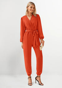 PRETTYGARDEN Women's Fall Jumpsuits Dressy Casual Pants Romper Spring Long Sleeve V Neck Belt Pockets One Piece Outfits