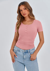 PRETTYGARDEN Women's Spring Summer Short Sleeve Tops Ribbed Henley Button Slim Fit Basic Casual T Shirts Blouse Clothing