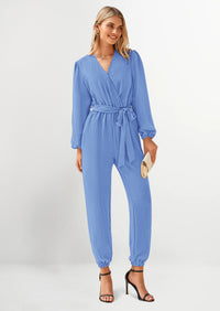 PRETTYGARDEN Women's Fall Jumpsuits Dressy Casual Pants Romper Spring Long Sleeve V Neck Belt Pockets One Piece Outfits
