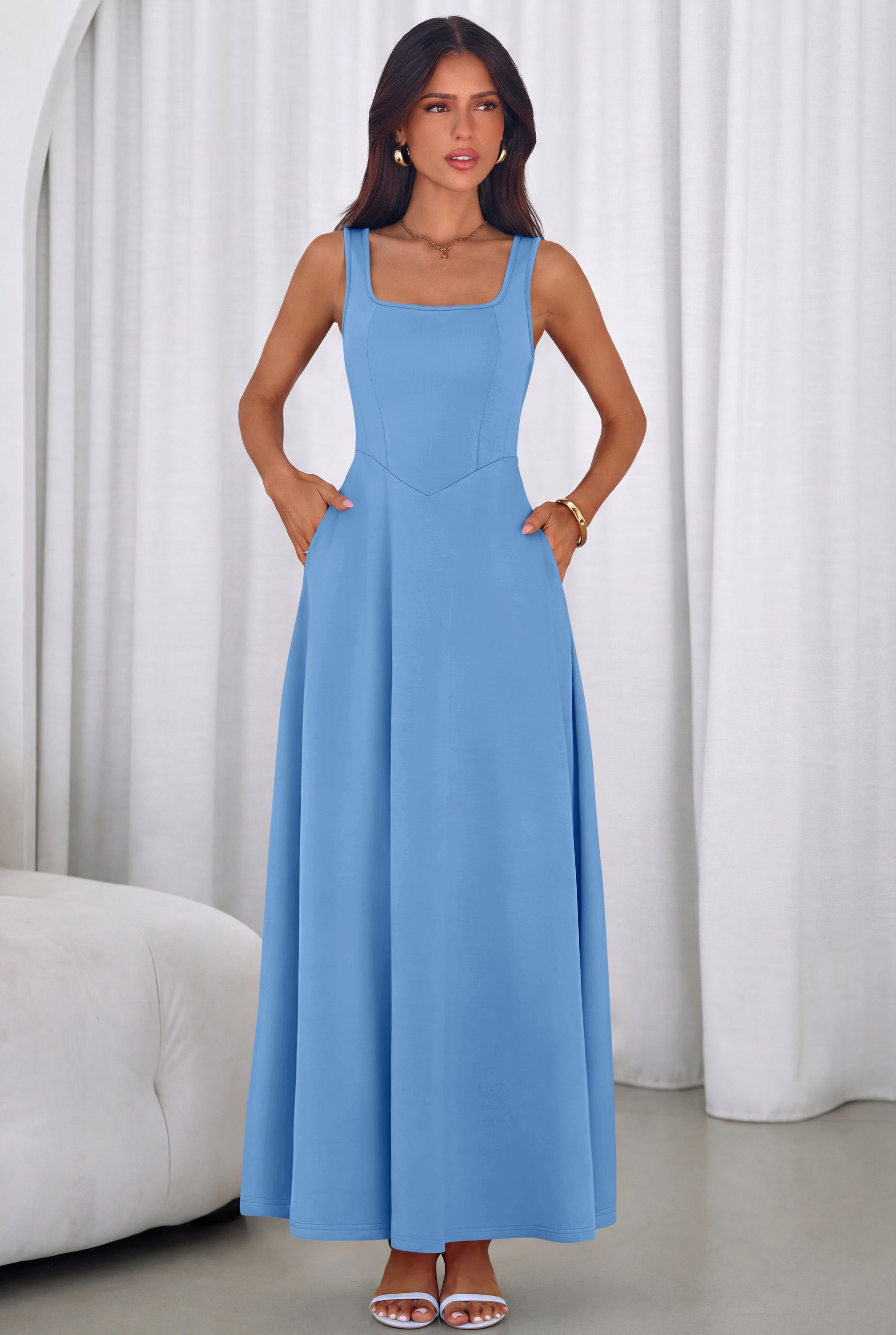 PRETTYGARDEN Womens Summer Dresses Sleeveless Elegant Square Neck Aline Swing Maxi Beach Wedding Guest Dress Pockets PRETTYGARDEN