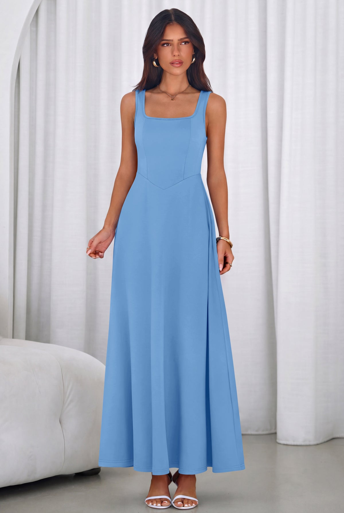 PRETTYGARDEN Womens Summer Dresses Sleeveless Elegant Square Neck Aline Swing Maxi Beach Wedding Guest Dress Pockets PRETTYGARDEN