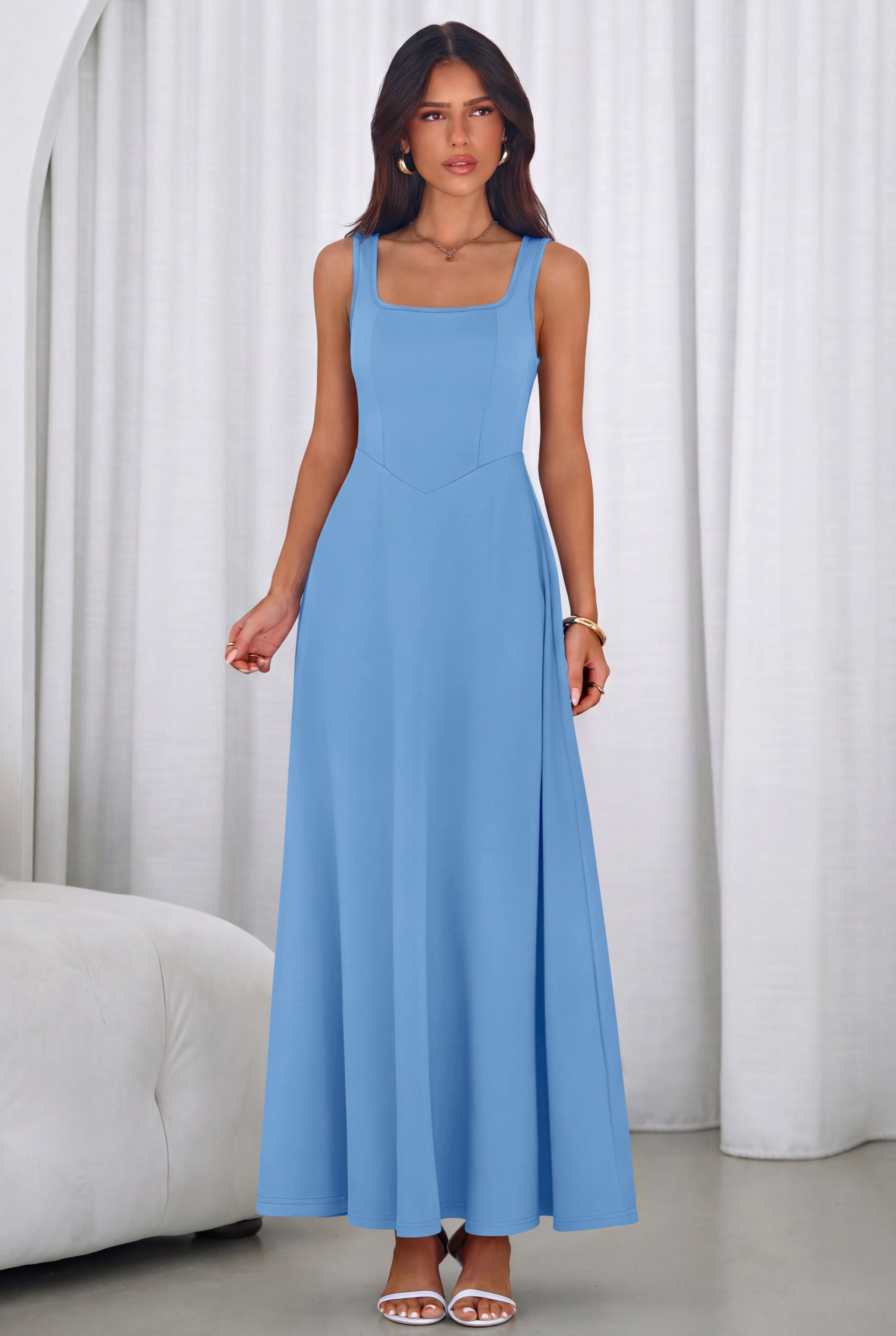 PRETTYGARDEN Womens Summer Dresses Sleeveless Elegant Square Neck Aline Swing Maxi Beach Wedding Guest Dress Pockets PRETTYGARDEN