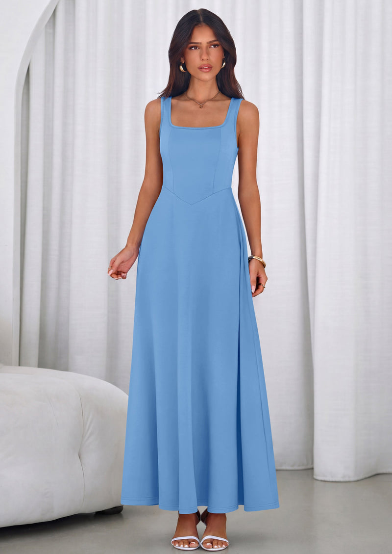 PRETTYGARDEN Womens Summer Dresses Sleeveless Elegant Square Neck Aline Swing Maxi Beach Wedding Guest Dress Pockets PRETTYGARDEN