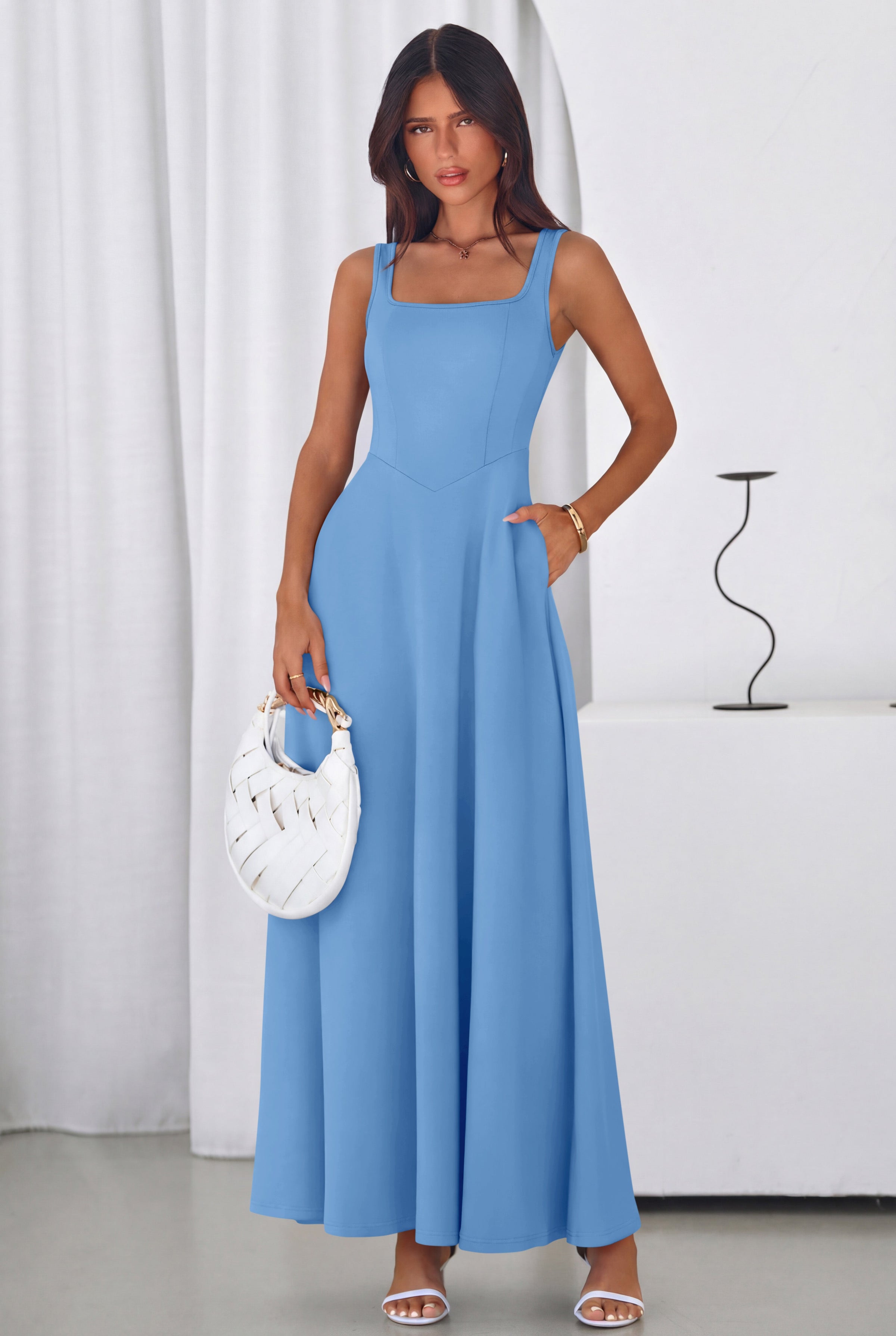 PRETTYGARDEN Womens Summer Dresses Sleeveless Elegant Square Neck Aline Swing Maxi Beach Wedding Guest Dress Pockets PRETTYGARDEN