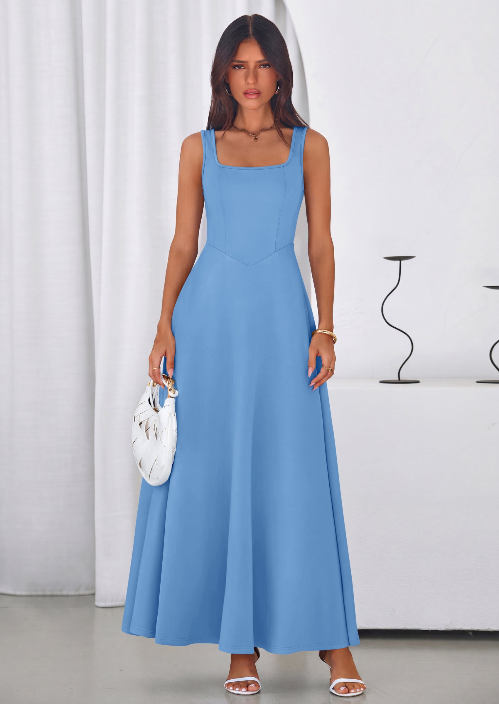 PRETTYGARDEN Womens Summer Dresses Sleeveless Elegant Square Neck Alin