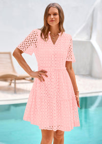 PRETTYGARDEN Women's Short Sleeve Mini Dress Summer V Neck Hollow Out Eyelet Ruffle A Line Swing Short Dresses