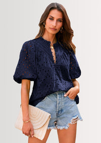 PRETTYGARDEN Women's Summer Short Sleeve Tops Dressy Casual Buttons V Neck Hollow Out Lace Embroidered Blouses Shirts