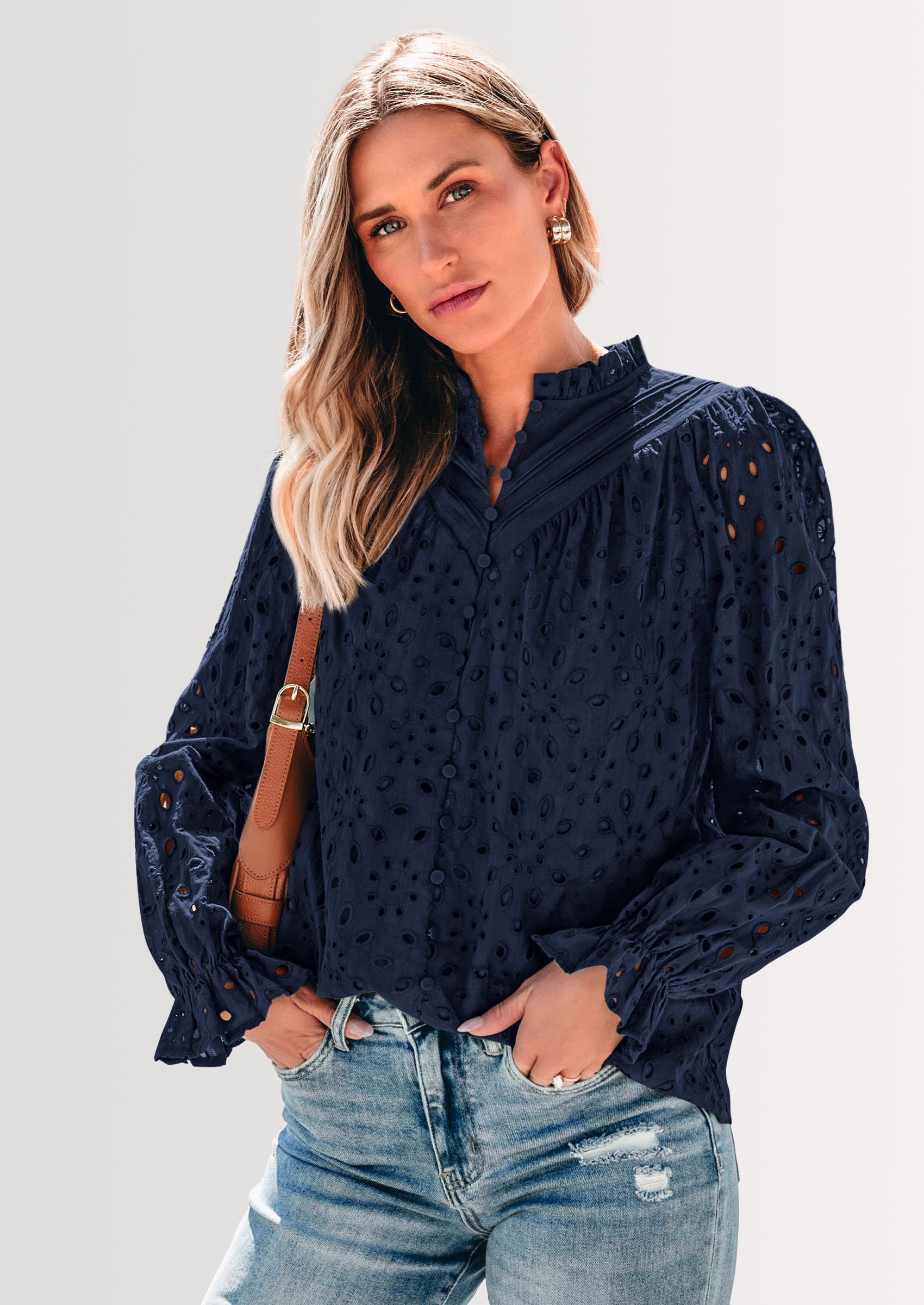 PRETTYGARDEN Women's Dressy Casual Blouse Tops Fall Spring Puff Long Sleeve Button V Neck Hollow Out Lace Embroidered Shirts