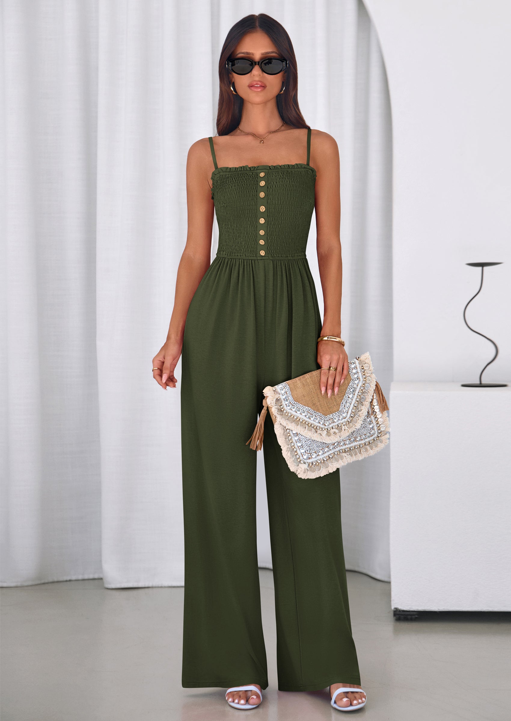 PRETTYGARDEN Jumpsuits for Women Summer Sleeveless Smocked Button Wide Leg Rompers Spring Travel One Piece Outfits PRETTYGARDEN