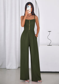 PRETTYGARDEN Jumpsuits for Women Summer Sleeveless Smocked Button Wide Leg Rompers Spring Travel One Piece Outfits PRETTYGARDEN