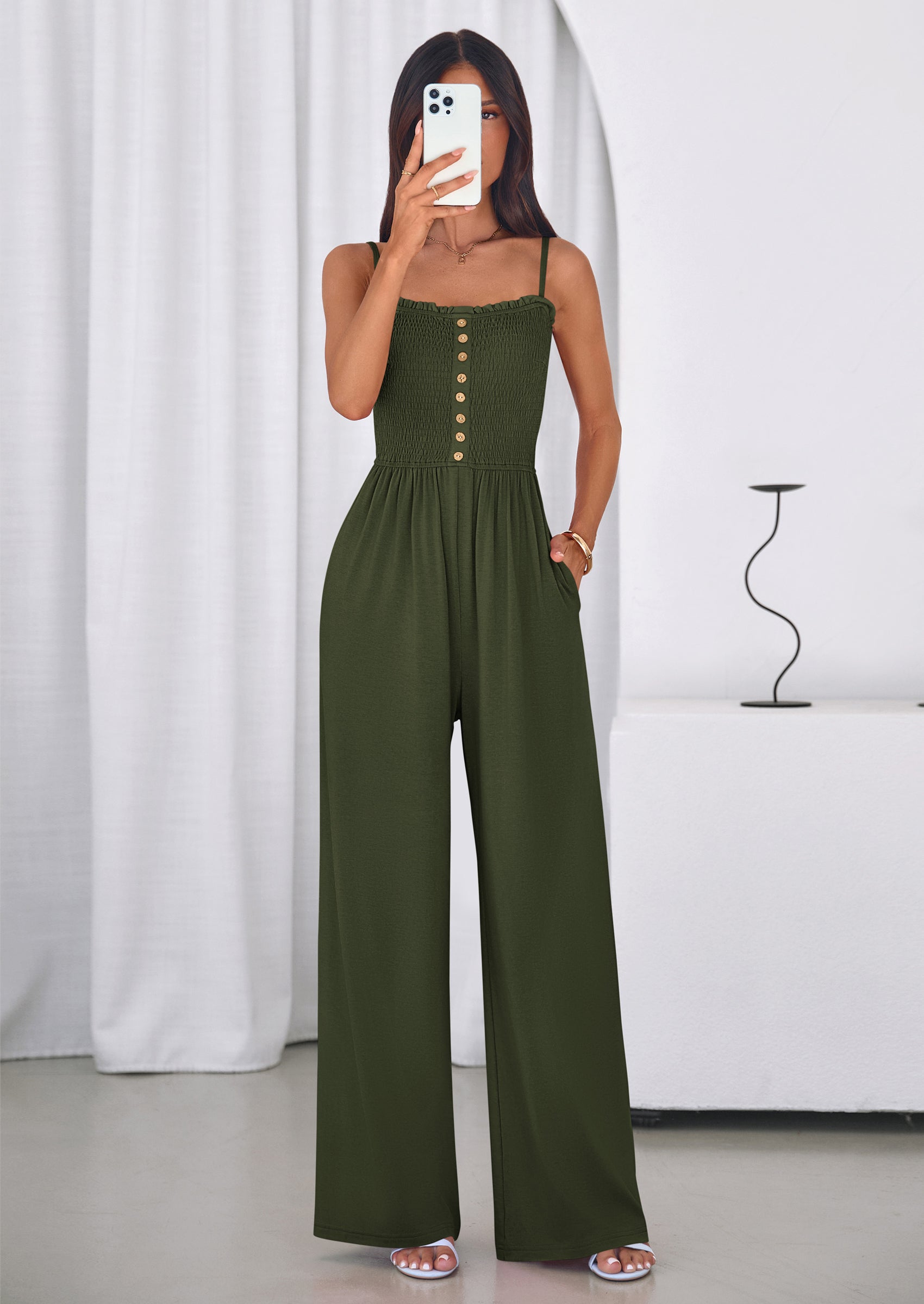 PRETTYGARDEN Jumpsuits for Women Summer Sleeveless Smocked Button Wide Leg Rompers Spring Travel One Piece Outfits PRETTYGARDEN