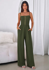PRETTYGARDEN Jumpsuits for Women Summer Sleeveless Smocked Button Wide Leg Rompers Spring Travel One Piece Outfits PRETTYGARDEN