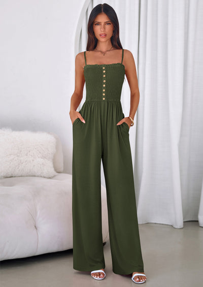 PRETTYGARDEN Jumpsuits for Women Summer Sleeveless Smocked Button Wide Leg Rompers Spring Travel One Piece Outfits PRETTYGARDEN