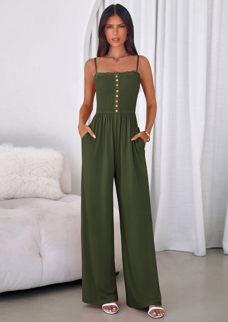 PRETTYGARDEN Jumpsuits for Women Summer Sleeveless Smocked Button Wide Leg Rompers Spring Travel One Piece Outfits PRETTYGARDEN