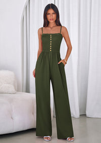 PRETTYGARDEN Jumpsuits for Women Summer Sleeveless Smocked Button Wide Leg Rompers Spring Travel One Piece Outfits PRETTYGARDEN