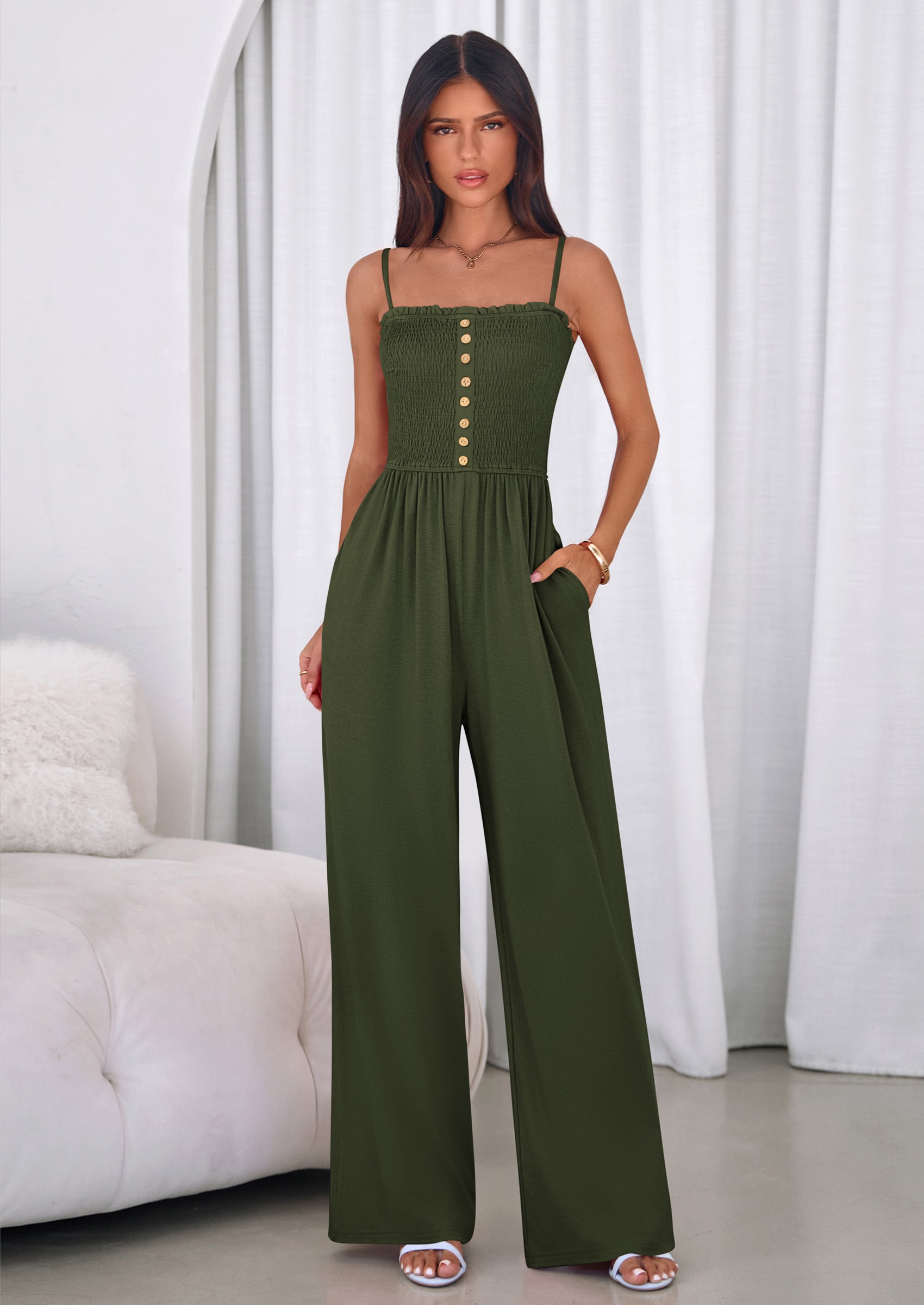 PRETTYGARDEN Jumpsuits for Women Summer Sleeveless Smocked Button Wide Leg Rompers Spring Travel One Piece Outfits PRETTYGARDEN