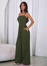 PRETTYGARDEN Jumpsuits for Women Summer Sleeveless Smocked Button Wide Leg Rompers Spring Travel One Piece Outfits PRETTYGARDEN