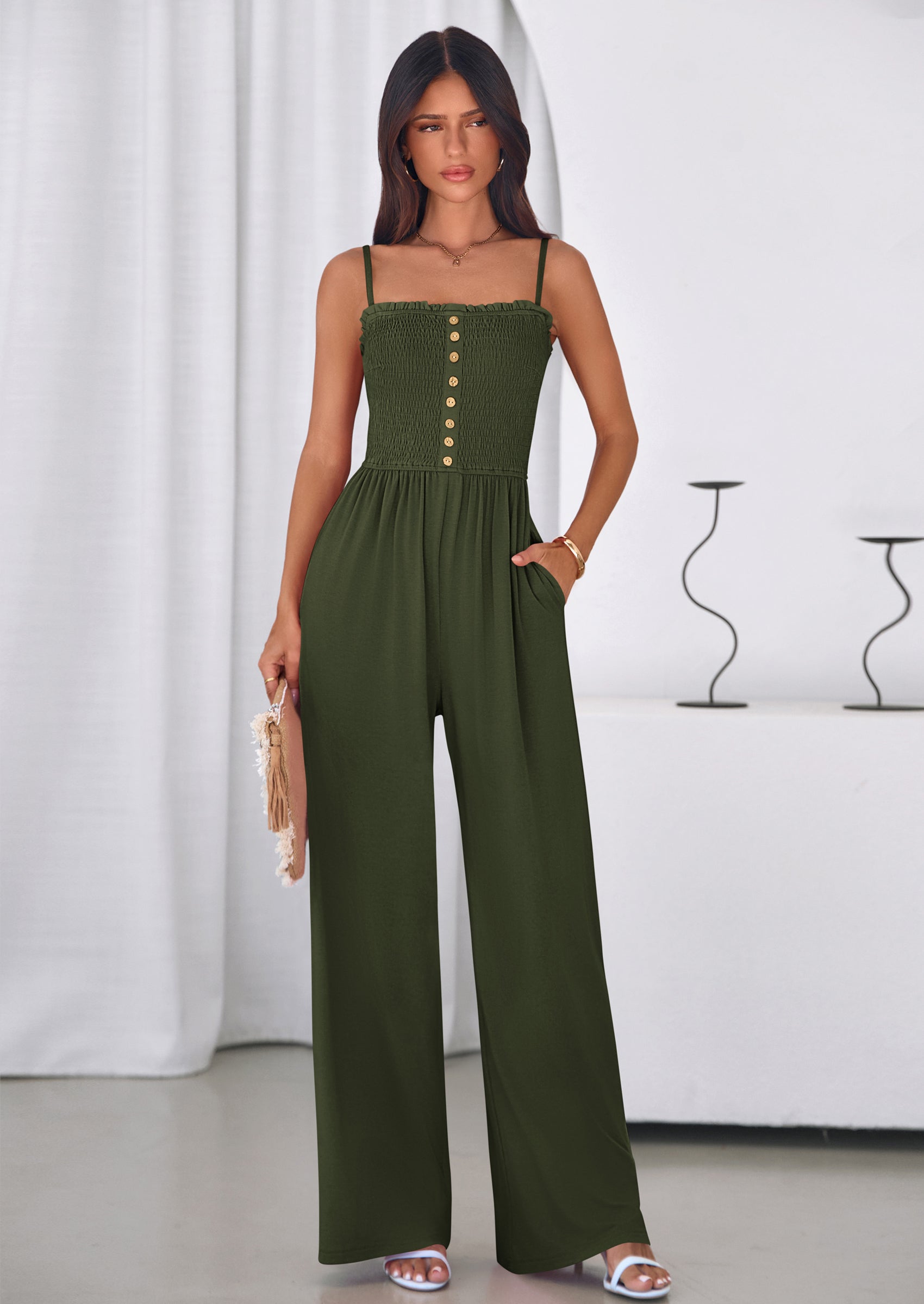 PRETTYGARDEN Jumpsuits for Women Summer Sleeveless Smocked Button Wide Leg Rompers Spring Travel One Piece Outfits PRETTYGARDEN