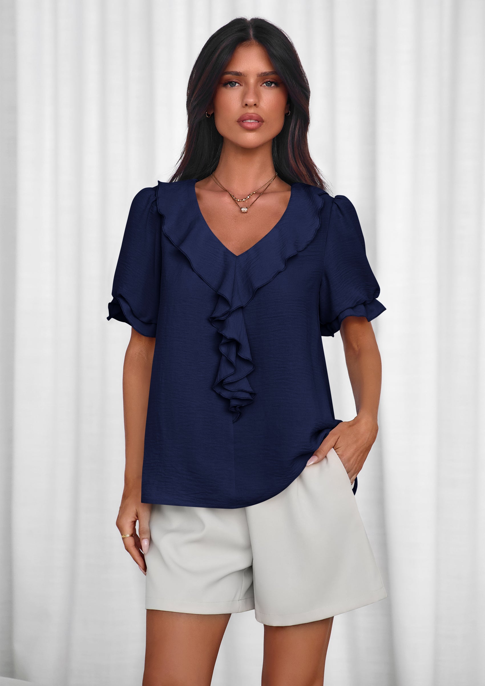 PRETTYGARDEN Women's Summer Dressy Casual Blouses Short Sleeve V Neck Ruffle Going Out Tops Shirt Trendy Spring Outfits PRETTYGARDEN