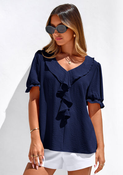 PRETTYGARDEN Women's Summer Dressy Casual Blouses Short Sleeve V Neck Ruffle Going Out Tops Shirt Trendy Spring Outfits PRETTYGARDEN