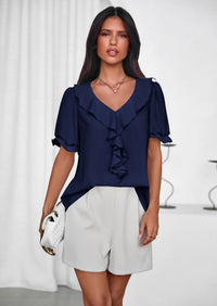 PRETTYGARDEN Women's Summer Dressy Casual Blouses Short Sleeve V Neck Ruffle Going Out Tops Shirt Trendy Spring Outfits PRETTYGARDEN