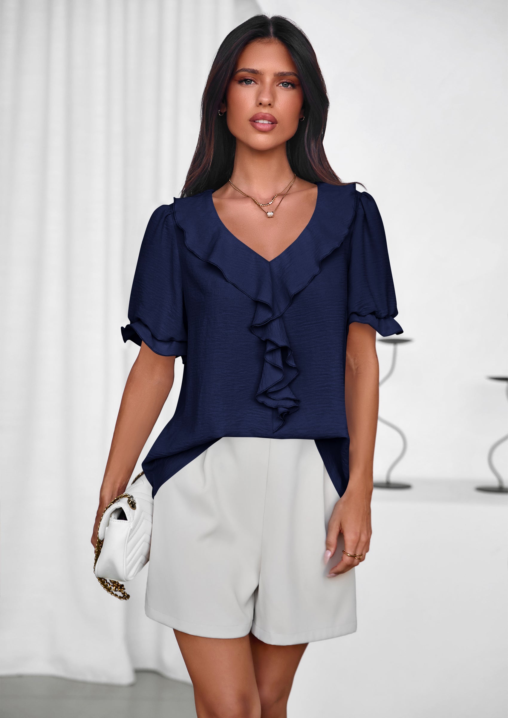 PRETTYGARDEN Women's Summer Dressy Casual Blouses Short Sleeve V Neck Ruffle Going Out Tops Shirt Trendy Spring Outfits PRETTYGARDEN