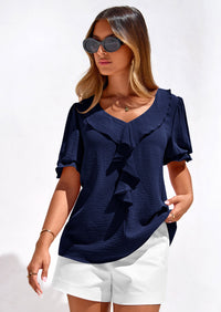 PRETTYGARDEN Women's Summer Dressy Casual Blouses Short Sleeve V Neck Ruffle Going Out Tops Shirt Trendy Spring Outfits PRETTYGARDEN