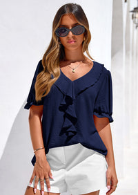 PRETTYGARDEN Women's Summer Dressy Casual Blouses Short Sleeve V Neck Ruffle Going Out Tops Shirt Trendy Spring Outfits PRETTYGARDEN