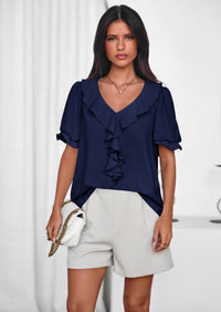 PRETTYGARDEN Women's Summer Dressy Casual Blouses Short Sleeve V Neck Ruffle Going Out Tops Shirt Trendy Spring Outfits PRETTYGARDEN